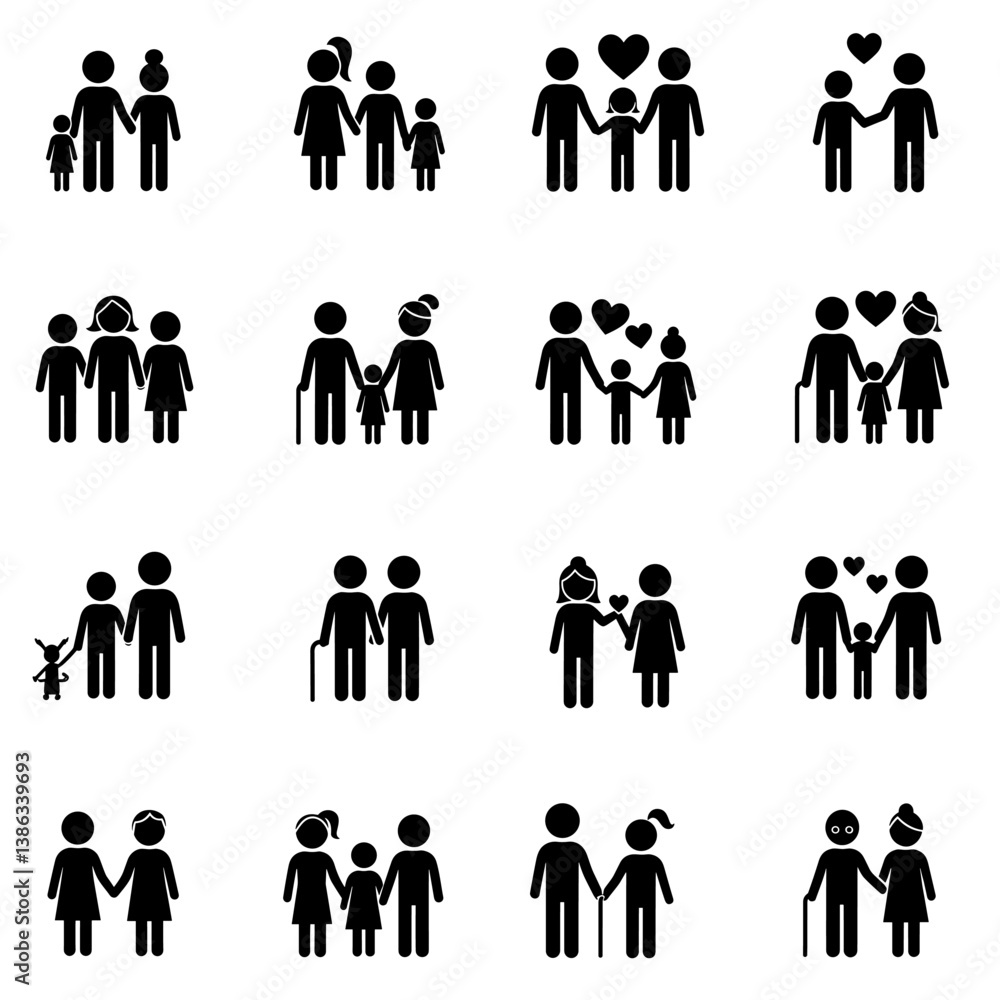 Family Icons: A collection of diverse, monochrome icons illustrating various family configurations, capturing themes of unity, love, and support. Family Icons: A collection of diverse, monochrome icons illustrating various family configurations, capturing themes of unity, love, and support.