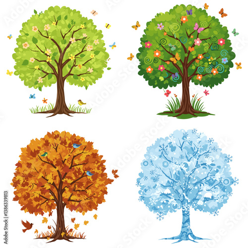 Four Season of tree Illustration: A delightful illustration showcasing a singular tree throughout the four seasons, from the fresh bloom of spring to the snowy peace of winter.