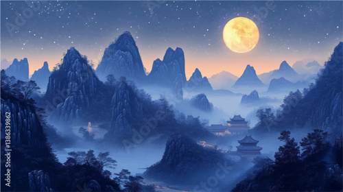 chinese painting of mountain landscape in starry night time