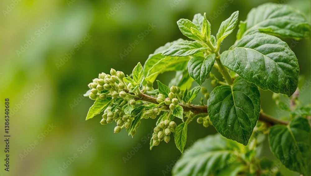 Vibrant herb branch with green buds and aromatic leaves embodying the essence of a lush garden Vibrant herb branch with green buds and aromatic leaves embodying the essence of a lush garden