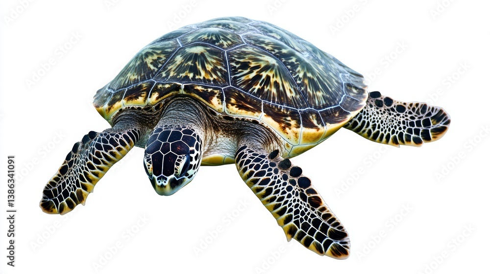 Fototapeta premium Endangered Sea Turtle Swimming in Vibrant Tropical Coral Reef - Marine Wildlife Conservation Close-Up