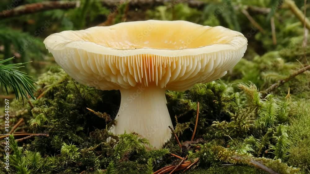 Mushroom grows amidst lush green moss in a serene forest setting during daytime Mushroom grows amidst lush green moss in a serene forest setting during daytime