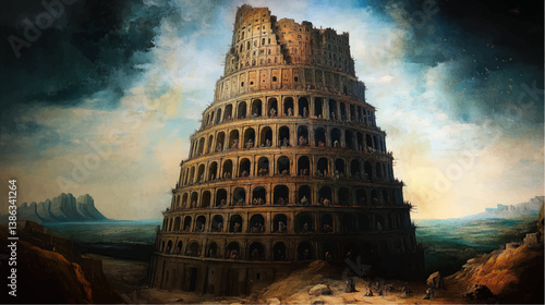 classic traditional renaissance oil painting illustration of Tower of Babel	