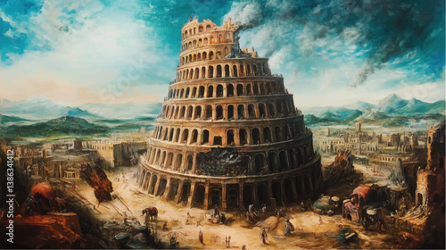 classic traditional renaissance oil painting illustration of Tower of Babel	