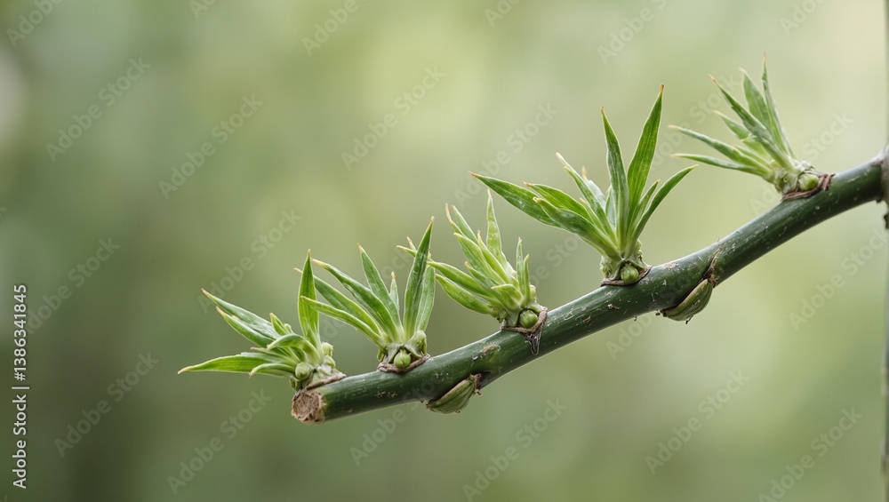 Obraz premium Tranquil bamboo branch with delicate green buds representing growth and strength in a peaceful environment