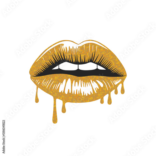 Glossy lips coated in shimmering gold glitter, featuring a captivating dripping effect