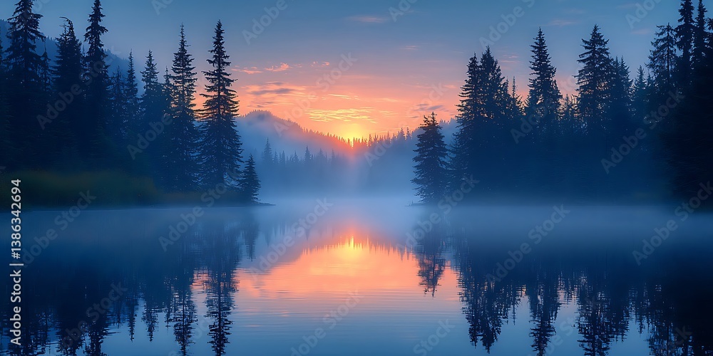 Swirling mist rising off a calm lake surface at dawn, surrounded by pine trees and reflecting pastel sky tones Swirling mist rising off a calm lake surface at dawn, surrounded by pine trees and reflecting pastel sky tones