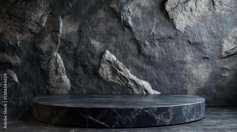 Elegant Black Stone Slab Display. 3D Podium Design Against Textured Stone Wall for Stylish Product Presentation Elegant Black Stone Slab Display. 3D Podium Design Against Textured Stone Wall for Stylish Product Presentation
