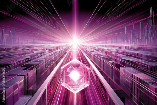 Glowing crystal floating above a converging perspective pathway in a futuristic magenta cyberspace cityscape with dramatic light rays.