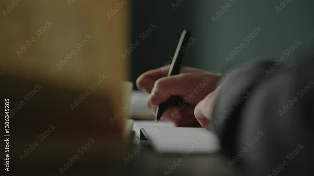 Close-up hands of male student writing notes with pen on notebook, reading book sitting at table in dark home setting. Concept of studying and academic work. Shooting in slow motion.