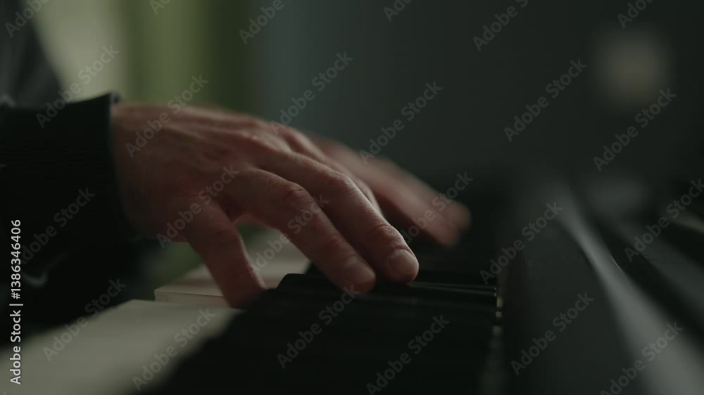 Close-up hands of unrecognizable male composer playing on synthesizer at home. Closeup of talented musician creating beautiful melodic composition using digital piano in recording studio, slow motion. Close-up hands of unrecognizable male composer playing on synthesizer at home. Closeup of talented musician creating beautiful melodic composition using digital piano in recording studio, slow motion.