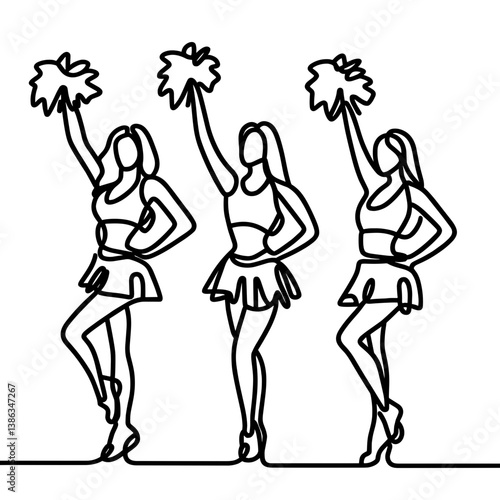 Three cheerleaders celebrating with pom-poms in line art style  