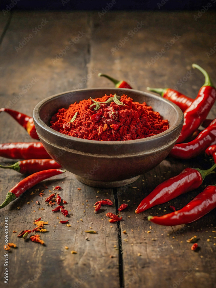 Bowl of paprika surrounded by dried chili peppers. Bowl of paprika surrounded by dried chili peppers.