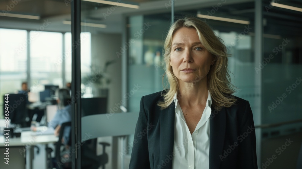 Fototapeta premium Confident middle-aged Caucasian businesswoman standing in modern office with glass walls, wearing formal attire, thoughtful expression, leadership and determination in professional setting
