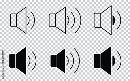 Speaker and Volume Icon Collection – Sound Wave Line and Solid Style Symbols on Transparent Background