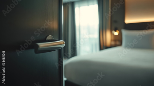 A hotel room with a door open and a bed in the foreground