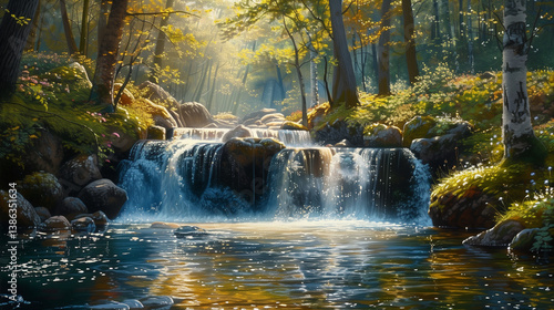 Painting of a waterfall in the forest, nature realistic painting.
