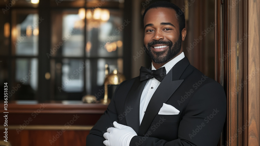 Fototapeta premium A man in a tuxedo is smiling and posing for a picture