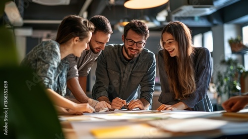 Group of colleagues gathered around a table collaborating together happily