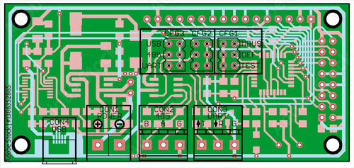 Vector printed circuit board of electronic 
device with components of radio elements, 
conductors and contact pads placed on pcb. 
Engineering computer technic drawing. Computer cad design.