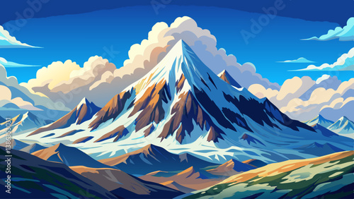 A majestic snowy mountain peak rising through the clouds under a clear blue sky.