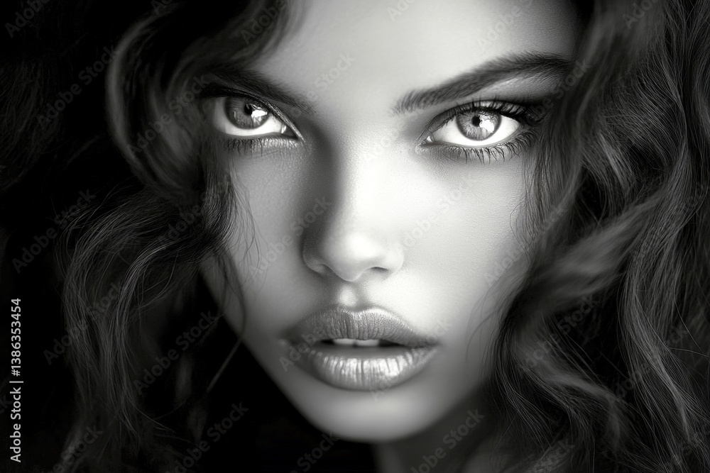 Fototapeta premium Long haircut - curly hair. Commercial commercial creative design idea. Pretty calm mixed-race girl - for ads, banner and social online ad use. Black girl fashion advertising. Long hair art.