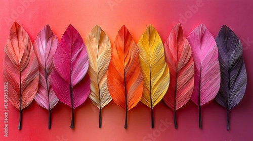 Vibrant paper feather arrangement, hyper-detailed textures, soft backlight, layered composition, smooth color transitions, natural realism