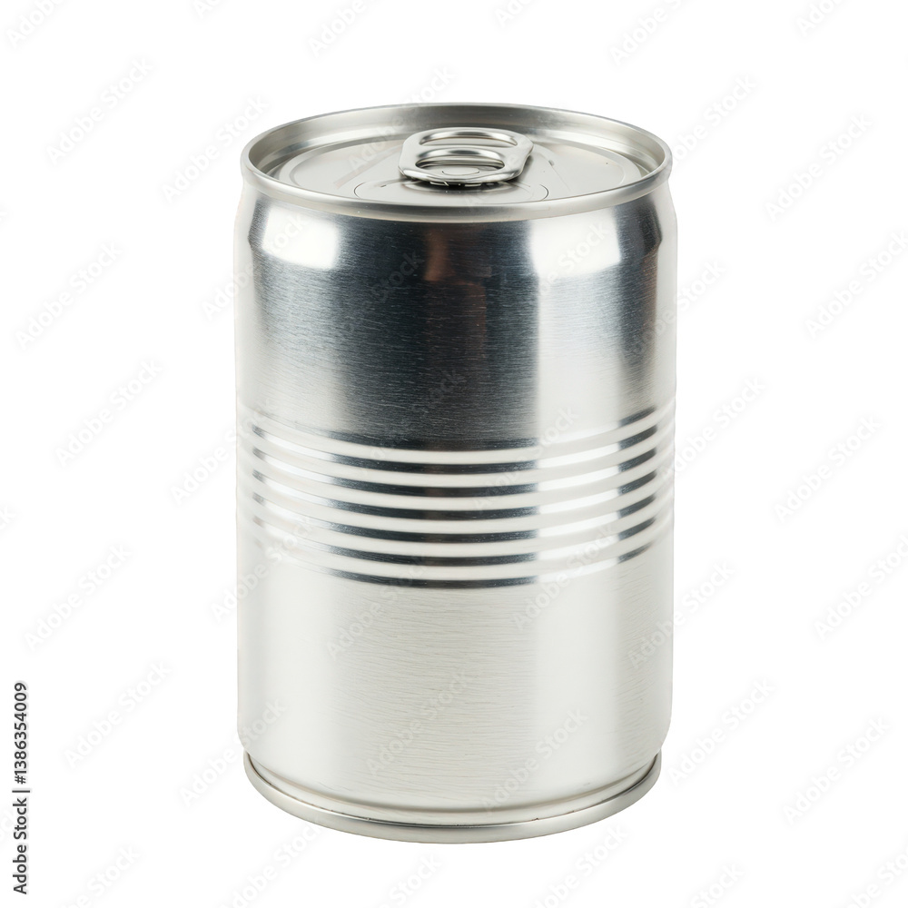 Sleek silver metal beverage can with a ring pull top and ribbed texture. Sleek silver metal beverage can with a ring pull top and ribbed texture.
