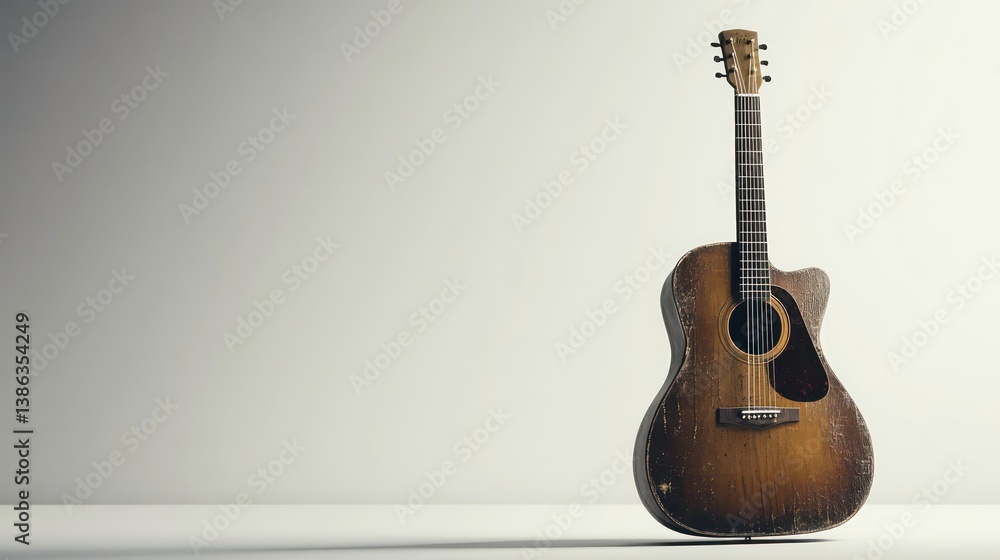 Fototapeta premium Vintage Acoustic Guitar on Crisp White Background: A Classic Music Object