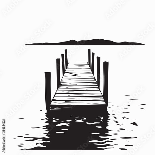 Lake Dock Vector. Black and white Lake Dock Vector Images isolated on white background. 