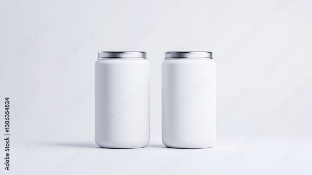Two white cylindrical containers with silver lids sit on a plain white background. The image is clean and simple, with excellent lighting and high resolution. The style is minimalist and modern. The Two white cylindrical containers with silver lids sit on a plain white background. The image is clean and simple, with excellent lighting and high resolution. The style is minimalist and modern. The