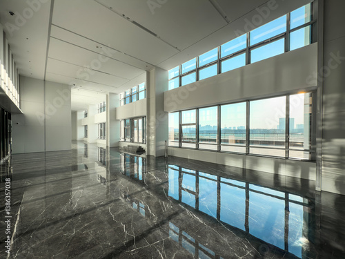 Spacious Modern Office Interior with Stunning Views and Reflections