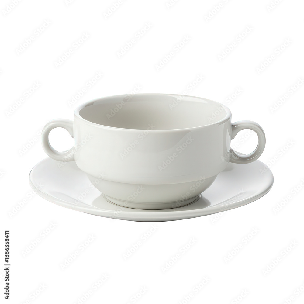 Empty white soup cup with two handles on a saucer. Empty white soup cup with two handles on a saucer.