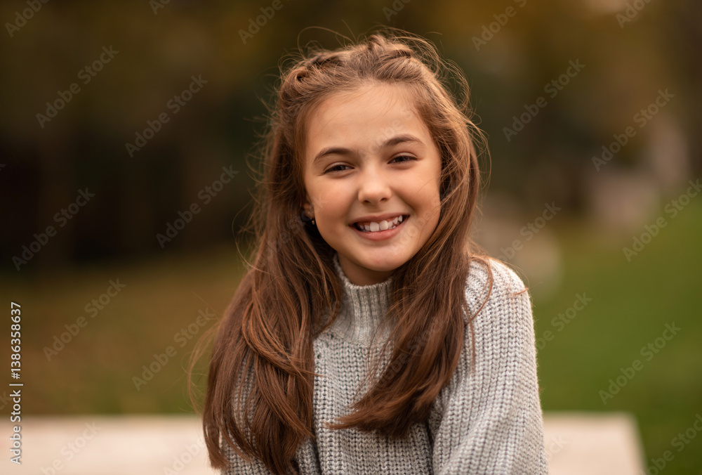 Portrait of a happy child girl with long beauty hair outside looking at the camera and smiling. Portrait of a happy child girl with long beauty hair outside looking at the camera and smiling.