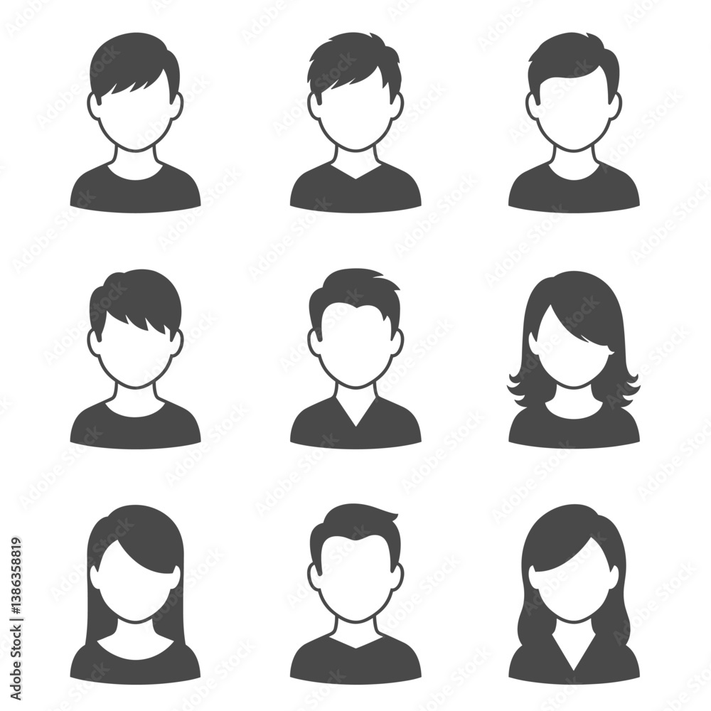 Iconic Identity: A collection of faceless avatar icons, symbolizing diversity and representing individuals in various contexts, crafted in a modern, minimalist style.