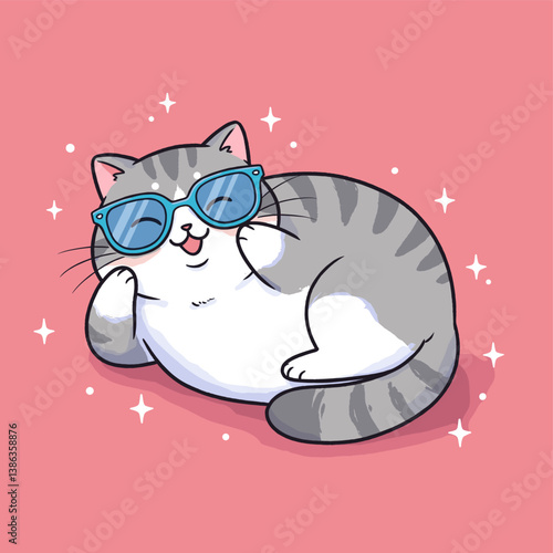Cool Cat's Day Out: An adorable illustration of a cat wearing sunglasses, radiating coolness and charm against a playful backdrop.