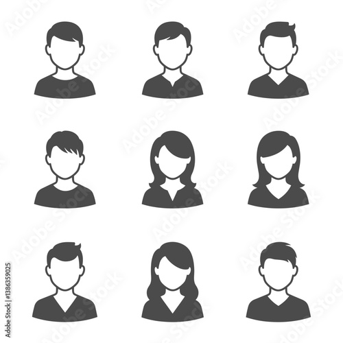 Avatar Collection: A comprehensive assortment of diverse avatar icons, perfectly suited for a variety of digital platforms, from profile pictures to user interface elements.