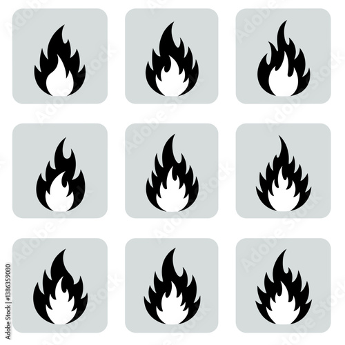 Flame Icons: A collection of stylized flame icons, representing the essence of fire, power, and energy. Each icon is isolated on a square background, suitable for design needs.