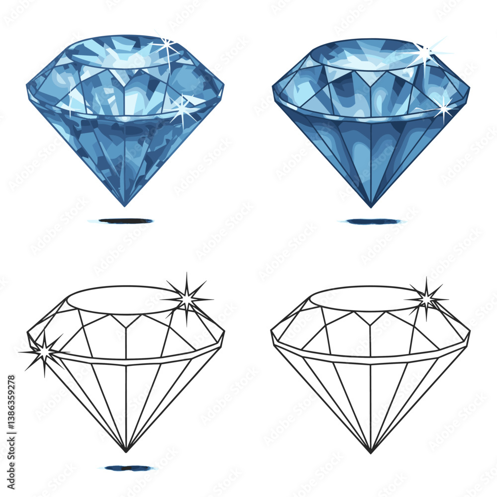 Sparkling Diamond: A close-up illustration of four brilliant-cut blue diamonds, showcasing the gemstone's facets and light refraction, and their captivating elegance. Sparkling Diamond: A close-up illustration of four brilliant-cut blue diamonds, showcasing the gemstone's facets and light refraction, and their captivating elegance.