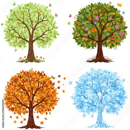 Four Season Trees Illustration: A vibrant and colorful illustration showcases four trees, each representing a different season.