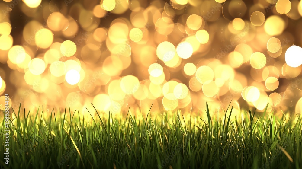 Obraz premium Green grass, golden bokeh lights, night, background, nature