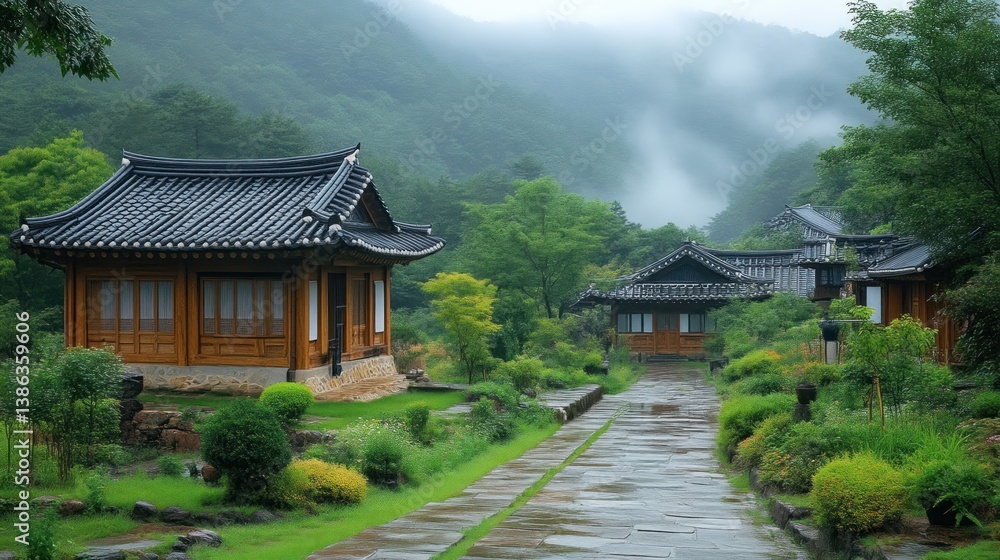 Traditional Architecture in a Serene Natural Setting with Lush Greenery and Misty Mountains Traditional Architecture in a Serene Natural Setting with Lush Greenery and Misty Mountains