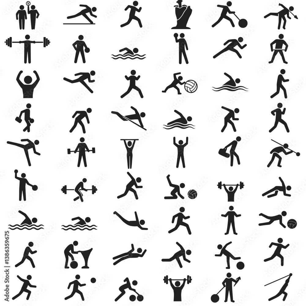Pictogram Athletic Endeavors: A comprehensive collection of athletic pictograms, representing a wide array of sports and physical activities, ideal for conveying concepts of fitness, competition. Pictogram Athletic Endeavors: A comprehensive collection of athletic pictograms, representing a wide array of sports and physical activities, ideal for conveying concepts of fitness, competition.