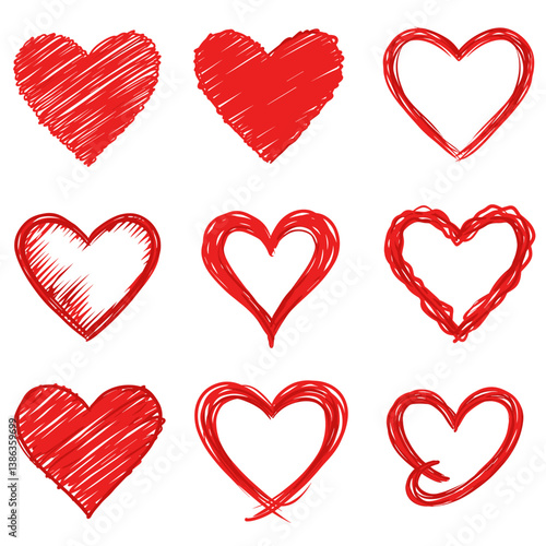 Sketched Hearts in Red: An assortment of vibrant red hearts, each with unique textures and artistic styles, representing love, affection, and heartfelt emotions in a visually captivating display.