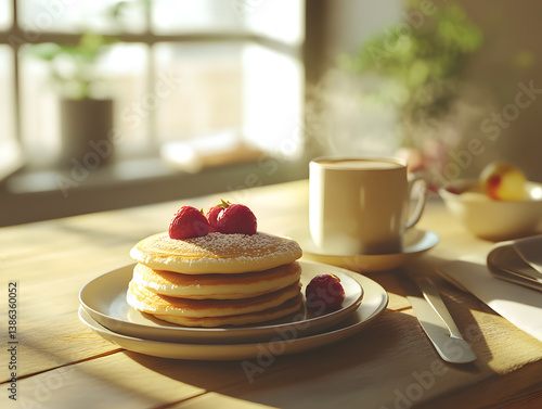 Rustic breakfast scene with pancakes and coffee