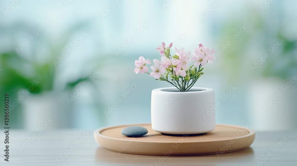 Fototapeta premium Minimalist 3D render of small pink flowers in a white ceramic pot placed on a wooden tray with a grey stone, set against a soft blurred background.