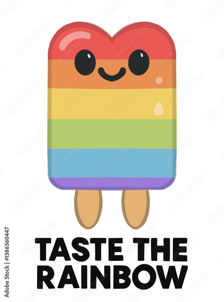 Fototapeta premium Colorful rainbow popsicle character with a cute smiling face and text “Taste the Rainbow,” perfect for summer ads, pride campaigns, and playful branding. 