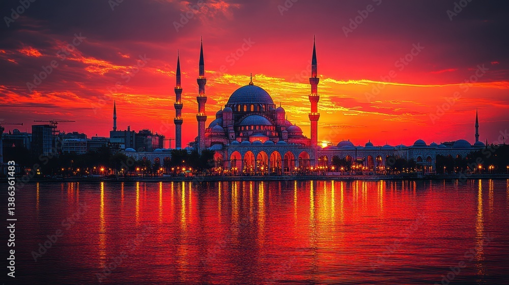 Fototapeta premium Majestic Mosque at Sunset: A Breathtaking View