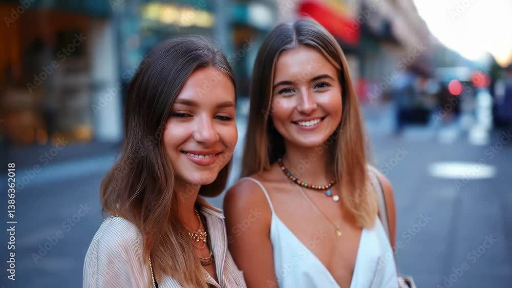 Cheerful friends enjoying a city street outing at sunset Cheerful friends enjoying a city street outing at sunset