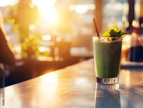 Person enjoying healthy smoothie at juice bar